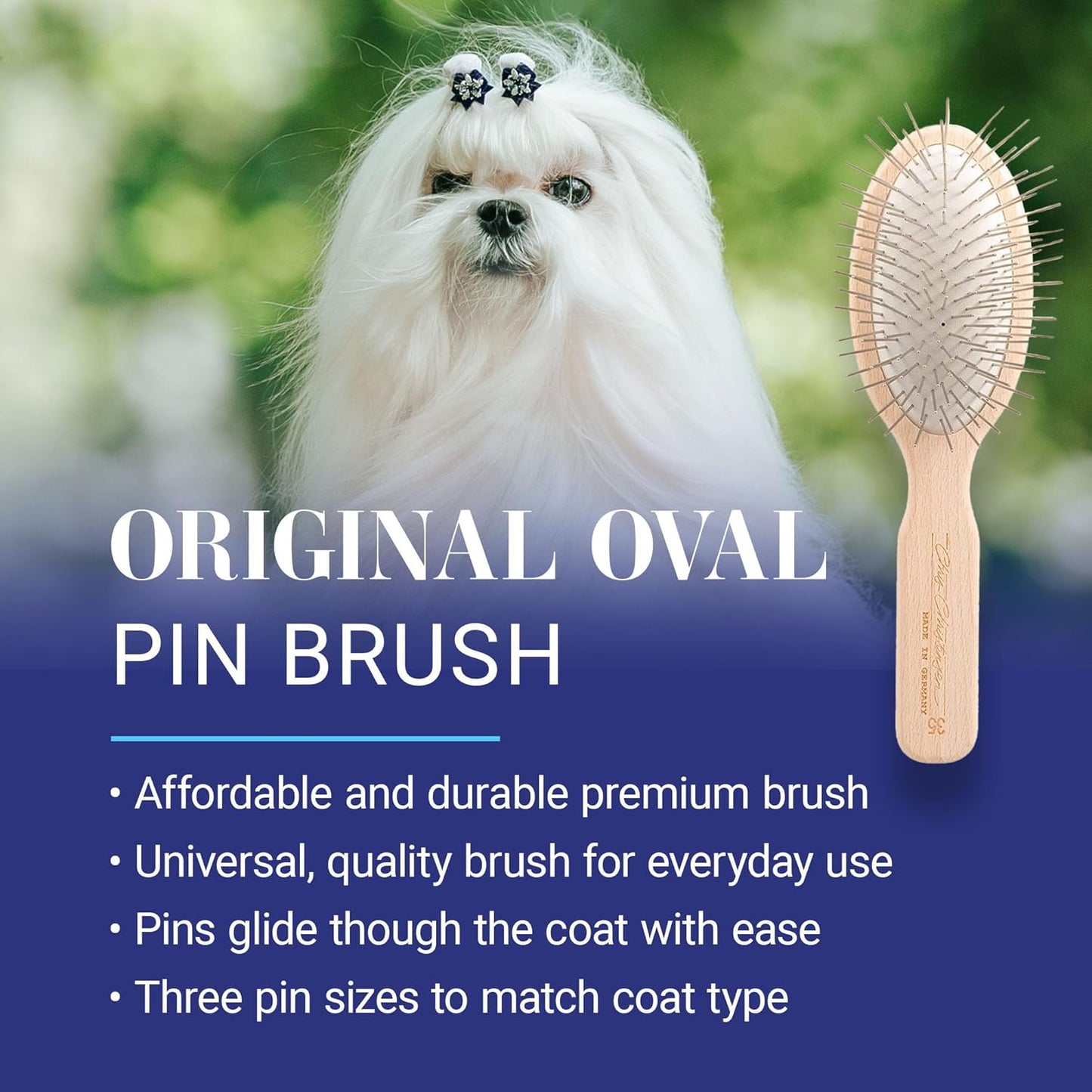 35 Mm Oval Pin Dog Brush, Original Series, Groom like a Professional, Stainless Steel Pins, Lightweight Beech Wood Body, Ground and Polished Tips
