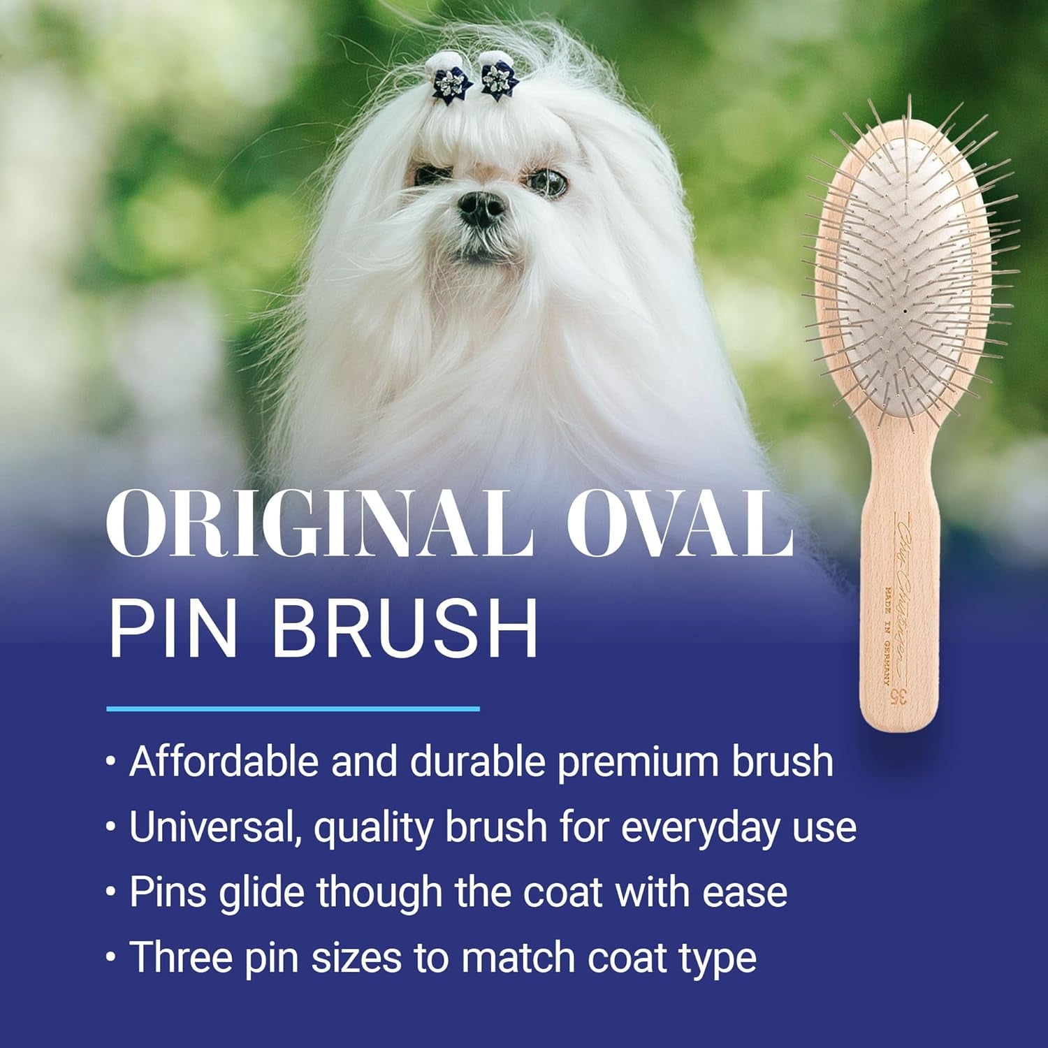 35 Mm Oval Pin Dog Brush, Original Series, Groom like a Professional, Stainless Steel Pins, Lightweight Beech Wood Body, Ground and Polished Tips